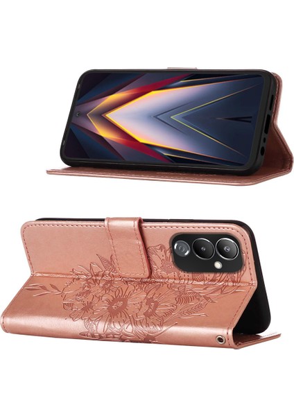 Pova 4 Için Kelebek Pu Deri Çevirmeli Cüzdan Stand Telefon Kılıfı - Rose Gold (Yurt Dışından)