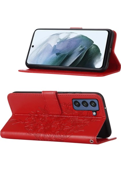 Galaxy S21 Fe Için Kelebek Pu Deri Çevirmeli Cüzdan Stand Telefon Kılıfı - Kırmızı (Yurt Dışından)