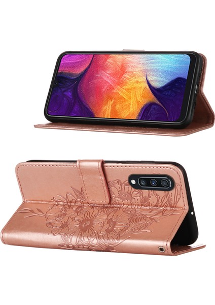 Galaxy A50 / A30S / A50S Için Kelebek Pu Deri Çevirmeli Cüzdan Stand Telefon Kılıfı - Rose Gold (Yurt Dışından)