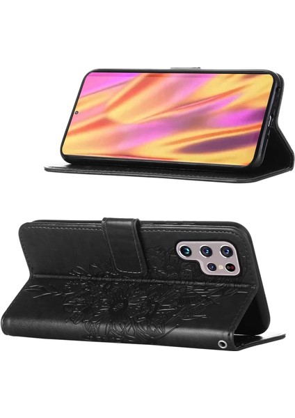 Galaxy S22 Ultra Için Kelebek Pu Deri Çevirmeli Cüzdan Stand Telefon Kılıfı - Siyah (Yurt Dışından)