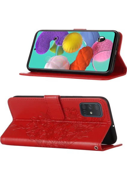 Galaxy A51 Için Kelebek Pu Deri Çevirmeli Cüzdan Stand Telefon Kılıfı - Kırmızı (Yurt Dışından)