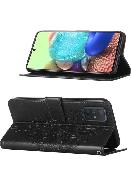 Galaxy A71 5g Için Kelebek Pu Deri Çevirmeli Cüzdan Stand Telefon Kılıfı - Siyah (Yurt Dışından)