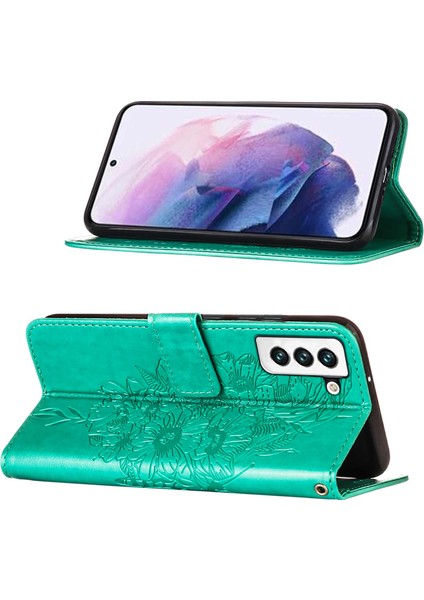 Galaxy S22 Için Kelebek Pu Deri Çevirmeli Cüzdan Stand Telefon Kılıfı - Yeşil (Yurt Dışından)