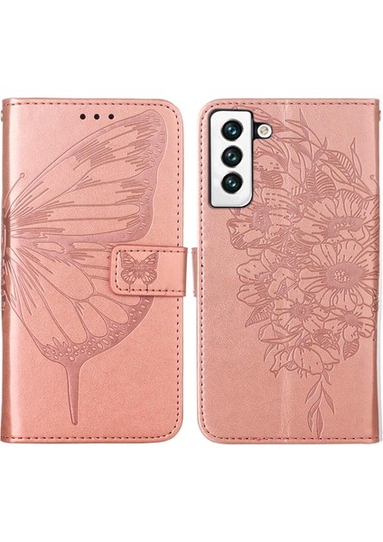 Galaxy S22 Için Kelebek Pu Deri Çevirmeli Cüzdan Stand Telefon Kılıfı - Rose Gold (Yurt Dışından)