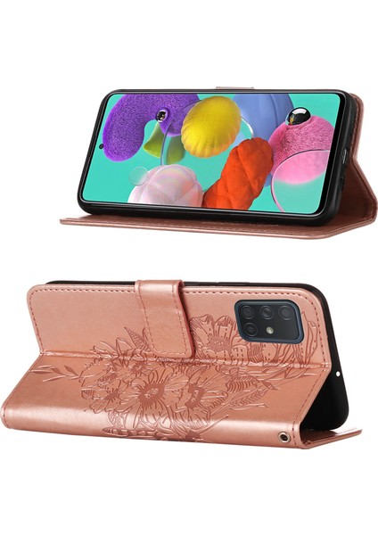 Galaxy A51 Için Kelebek Pu Deri Çevirmeli Cüzdan Stand Telefon Kılıfı - Rose Gold (Yurt Dışından)