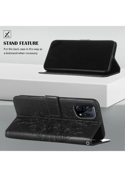 Find X5 Için Kelebek Pu Deri Çevirmeli Cüzdan Stand Telefon Kılıfı - Siyah (Yurt Dışından)