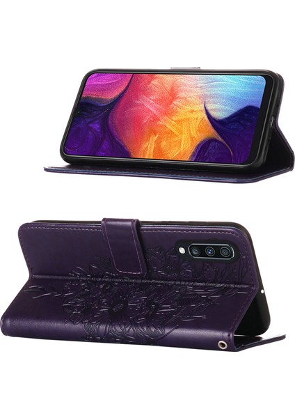 Galaxy A50 / A30S / A50S Için Kelebek Pu Deri Çevirmeli Cüzdan Stand Telefon Kılıfı - Mor (Yurt Dışından)