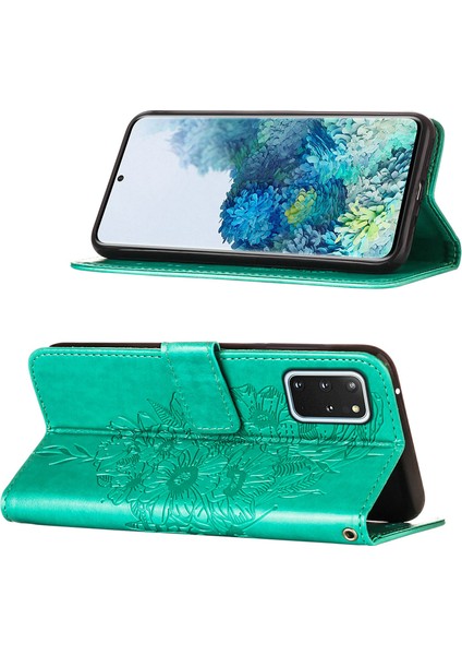 Galaxy S20 Plus Için Kelebek Pu Deri Çevirmeli Cüzdan Stand Telefon Kılıfı - Yeşil (Yurt Dışından)