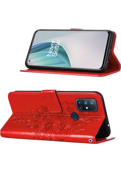 Nord N10 5g Için Kelebek Pu Deri Çevirmeli Cüzdan Stand Telefon Kılıfı - Kırmızı (Yurt Dışından)
