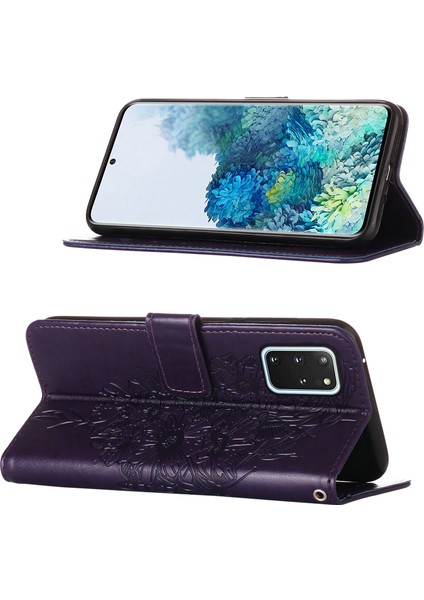 Galaxy S20 Plus Için Kelebek Pu Deri Çevirmeli Cüzdan Stand Telefon Kılıfı - Mor (Yurt Dışından)