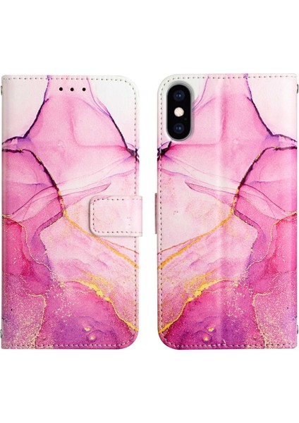 iPhone x / iPhone Xs Için Mermer Desenli Pu Deri Cüzdan Telefon Kılıfı - Pembe (Yurt Dışından)