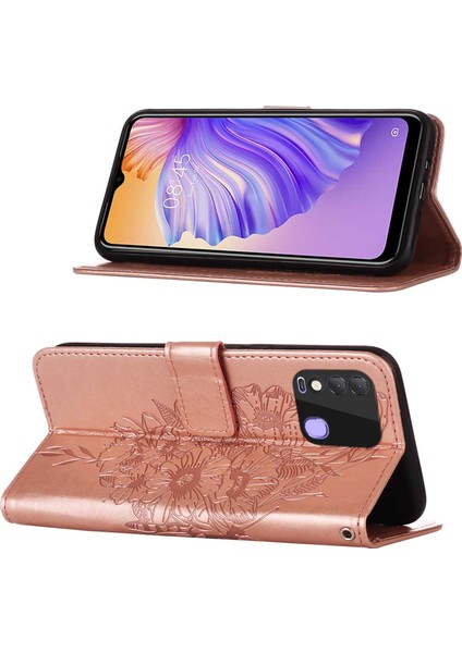 Spark 8 Için Kelebek Pu Deri Çevirmeli Cüzdan Stand Telefon Kılıfı - Rose Gold (Yurt Dışından)