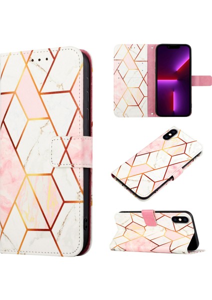 iPhone x / iPhone Xs Için Mermer Desenli Pu Deri Cüzdan Telefon Kılıfı - Pembe / Beyaz (Yurt Dışından)