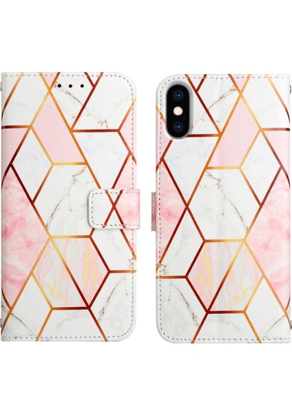 iPhone x / iPhone Xs Için Mermer Desenli Pu Deri Cüzdan Telefon Kılıfı - Pembe / Beyaz (Yurt Dışından)