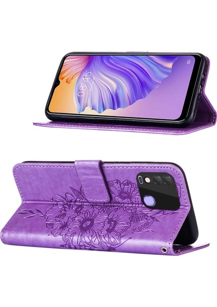 Spark 8 Için Kelebek Pu Deri Çevirmeli Cüzdan Stand Telefon Kılıfı - Açık Mor (Yurt Dışından)