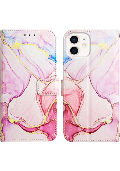 iPhone 12 Mini Için Mermer Desenli Pu Deri Cüzdan Telefon Kılıfı - Rose Gold (Yurt Dışından)
