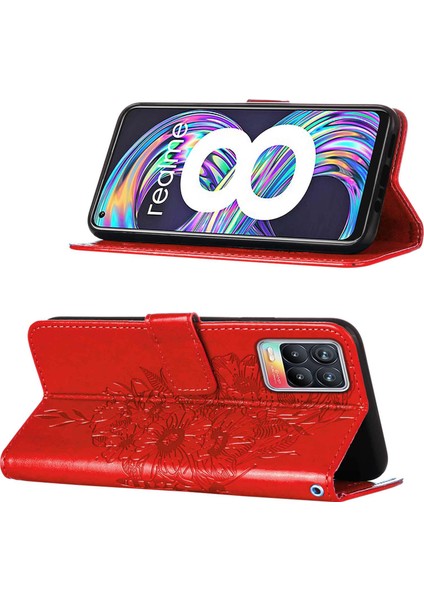 8 / 8 Pro Için Kelebek Pu Deri Çevirmeli Cüzdan Stand Telefon Kılıfı - Kırmızı (Yurt Dışından)
