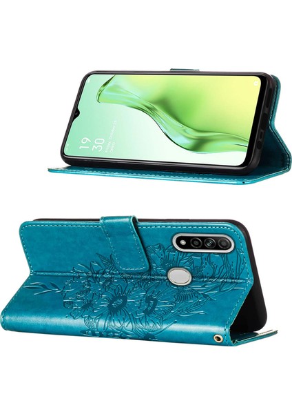 A8 A31 Için Kelebek Pu Deri Çevirmeli Cüzdan Stand Telefon Kılıfı - Mavi (Yurt Dışından)