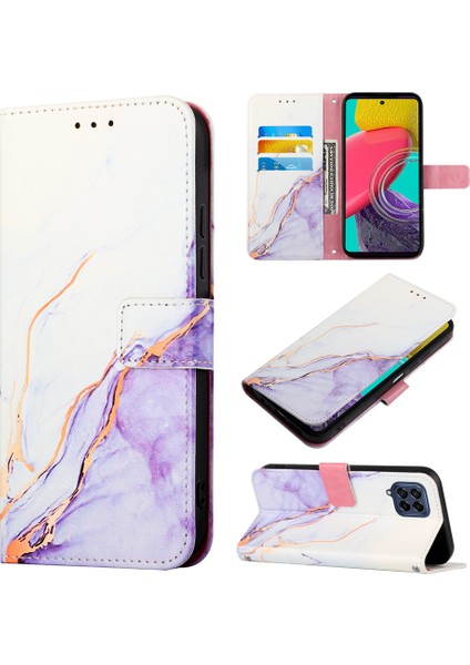Galaxy M33 5g Için Mermer Desenli Pu Deri Cüzdan Telefon Kılıfı - Beyaz / Mor (Yurt Dışından)