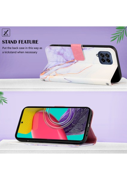Galaxy M33 5g Için Mermer Desenli Pu Deri Cüzdan Telefon Kılıfı - Beyaz / Mor (Yurt Dışından)
