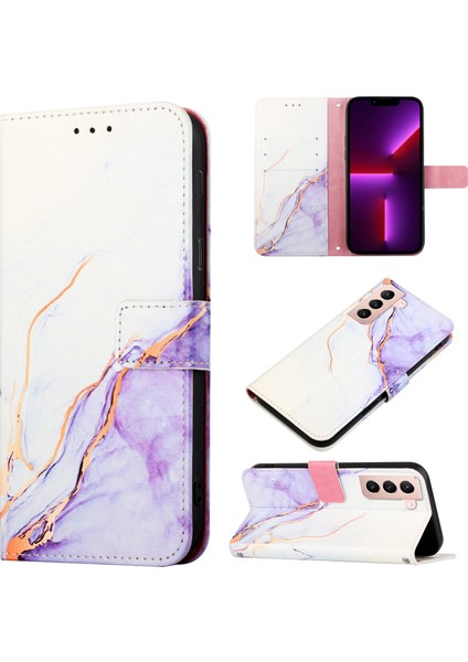 Galaxy S21+ / S21 Plus 5g Için Mermer Desenli Pu Deri Cüzdan Telefon Kılıfı - Beyaz / Mor (Yurt Dışından)