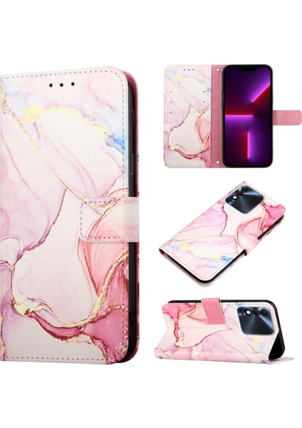 Spark 8 Için Mermer Desenli Pu Deri Cüzdan Telefon Kılıfı - Rose Gold (Yurt Dışından)