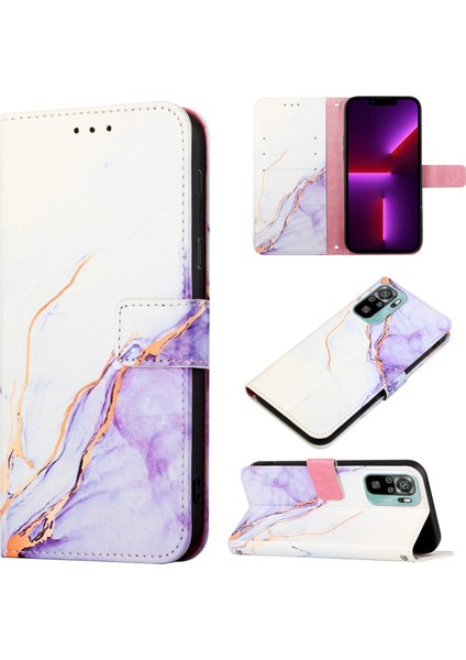 Redmi Note 10 Pro / 10 Pro Max Için Mermer Desenli Pu Deri Cüzdan Telefon Kılıfı - Beyaz / Mor (Yurt Dışından)