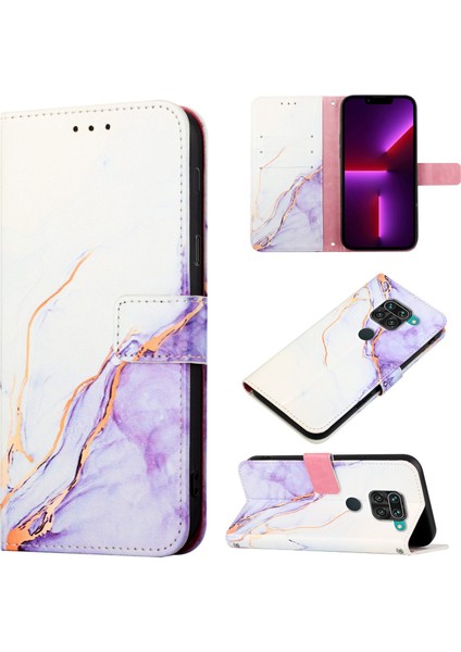 Redmi Note 9 Için Mermer Desenli Pu Deri Cüzdan Telefon Kılıfı - Beyaz / Mor (Yurt Dışından)