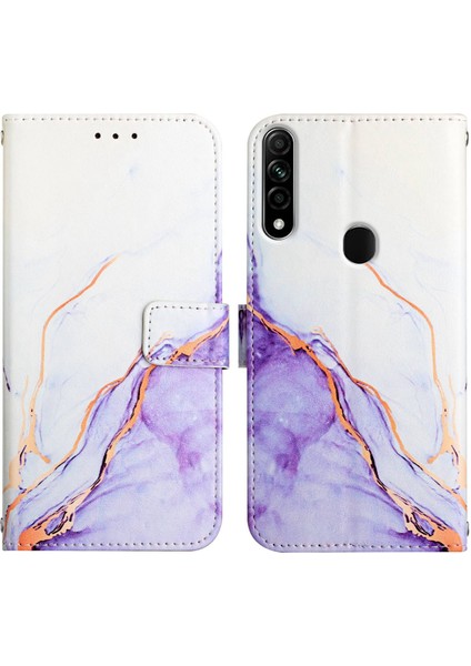 A8 A31 Için Mermer Desenli Pu Deri Cüzdan Telefon Kılıfı - Beyaz / Mor (Yurt Dışından)