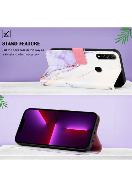 A8 A31 Için Mermer Desenli Pu Deri Cüzdan Telefon Kılıfı - Beyaz / Mor (Yurt Dışından)