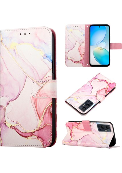 Hot 12 / X6817 Için Mermer Desenli Pu Deri Cüzdan Telefon Kılıfı - Rose Gold (Yurt Dışından)