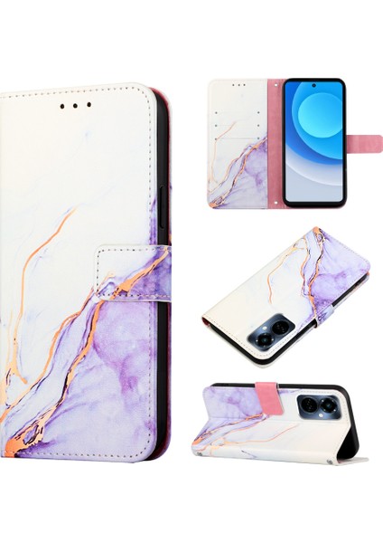 Camon 19 Pro 5g Için Mermer Desenli Pu Deri Cüzdan Telefon Kılıfı - Beyaz / Mor (Yurt Dışından)