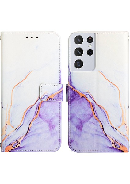 Galaxy S21 Ultra 5g Için Mermer Desenli Pu Deri Cüzdan Telefon Kılıfı - Beyaz / Mor (Yurt Dışından) fırsatları