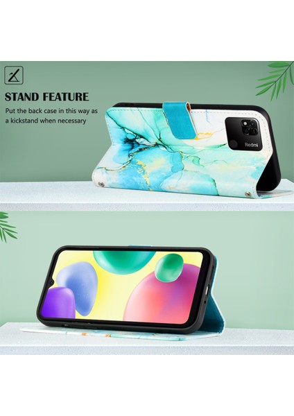 Redmi 10C Için Mermer Desenli Pu Deri Cüzdan Telefon Kılıfı - Yeşil (Yurt Dışından)