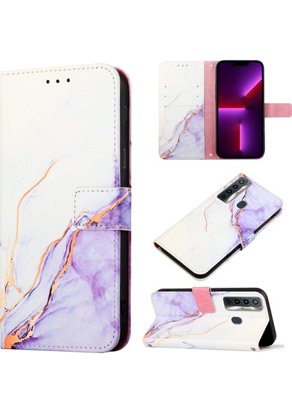 Camon 18I Için Mermer Desenli Pu Deri Cüzdan Telefon Kılıfı - Beyaz / Mor (Yurt Dışından)