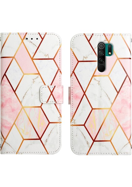 Redmi 9 / Poco M2 Için Mermer Desenli Pu Deri Cüzdan Telefon Kılıfı - Pembe / Beyaz (Yurt Dışından)