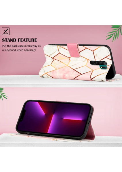 Redmi 9 / Poco M2 Için Mermer Desenli Pu Deri Cüzdan Telefon Kılıfı - Pembe / Beyaz (Yurt Dışından)