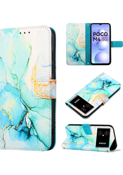 Poco M4 5g / Poco M5 5g Için Mermer Desenli Pu Deri Cüzdan Telefon Kılıfı - Yeşil (Yurt Dışından)