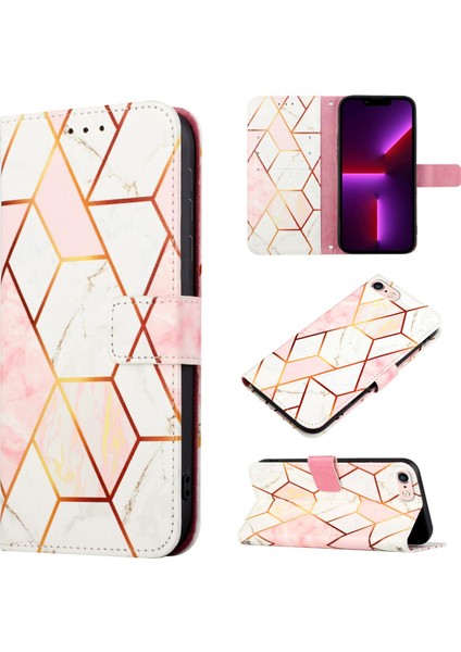 iPhone Se 2020 / 8 / 7 / 6s / 6 Için Mermer Desenli Pu Deri Cüzdan Telefon Kılıfı - Pembe / Beyaz (Yurt Dışından)