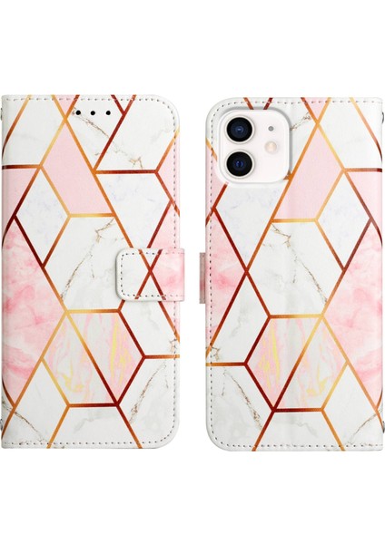 iPhone 12 Mini Için Mermer Desenli Pu Deri Cüzdan Telefon Kılıfı - Pembe / Beyaz (Yurt Dışından)