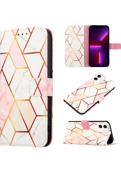 iPhone 12 Mini Için Mermer Desenli Pu Deri Cüzdan Telefon Kılıfı - Pembe / Beyaz (Yurt Dışından)