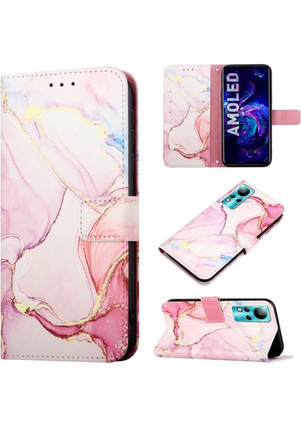 Note 12 / Note 11 Için Mermer Desenli Pu Deri Cüzdan Telefon Kılıfı - Rose Gold (Yurt Dışından)