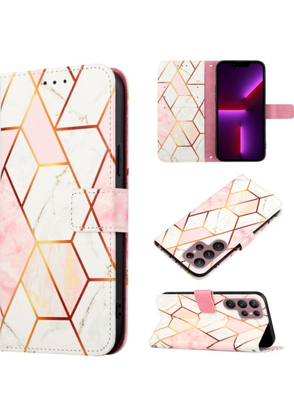 Galaxy S22 Ultra Için Mermer Desenli Pu Deri Cüzdan Telefon Kılıfı - Pembe / Beyaz (Yurt Dışından)