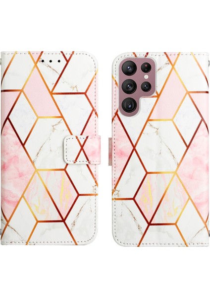 Galaxy S22 Ultra Için Mermer Desenli Pu Deri Cüzdan Telefon Kılıfı - Pembe / Beyaz (Yurt Dışından)