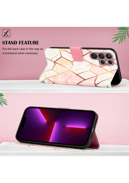 Galaxy S22 Ultra Için Mermer Desenli Pu Deri Cüzdan Telefon Kılıfı - Pembe / Beyaz (Yurt Dışından)