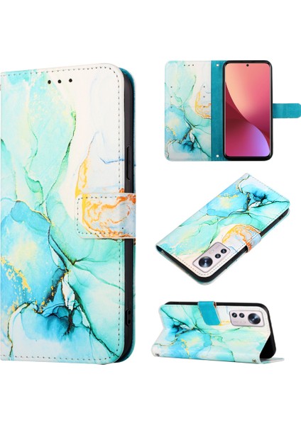 12 Lite Için Mermer Desenli Pu Deri Cüzdan Telefon Kılıfı - Yeşil (Yurt Dışından)