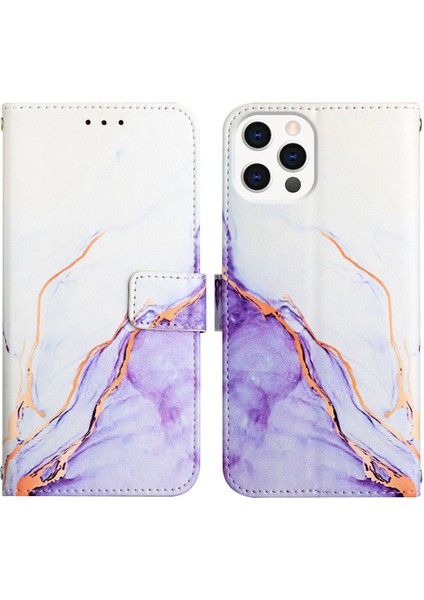 iPhone 13 Pro Max Için Mermer Desenli Pu Deri Cüzdan Telefon Kılıfı - Beyaz / Mor (Yurt Dışından) fırsatları