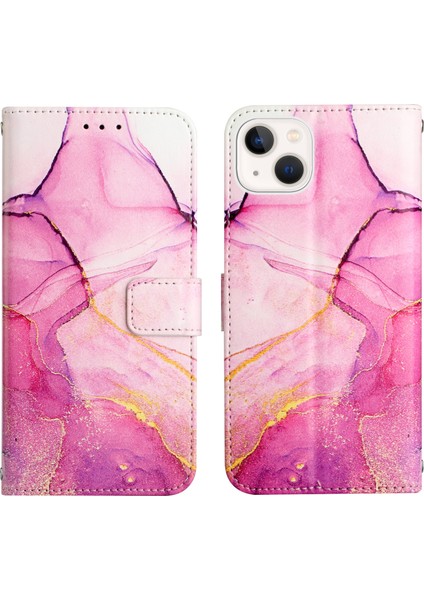 iPhone 13 Mini Için Mermer Desenli Pu Deri Cüzdan Telefon Kılıfı - Pembe (Yurt Dışından)
