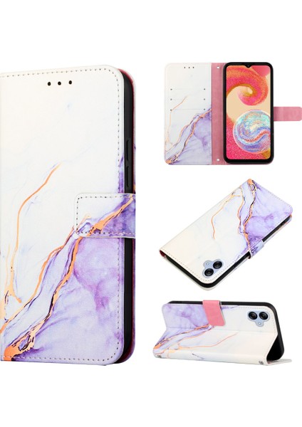 Galaxy A04E Için Mermer Desenli Pu Deri Cüzdan Telefon Kılıfı - Beyaz / Mor (Yurt Dışından)