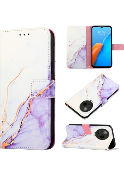 Note 12 Pro 4g Için Mermer Desenli Pu Deri Cüzdan Telefon Kılıfı - Beyaz / Mor (Yurt Dışından)